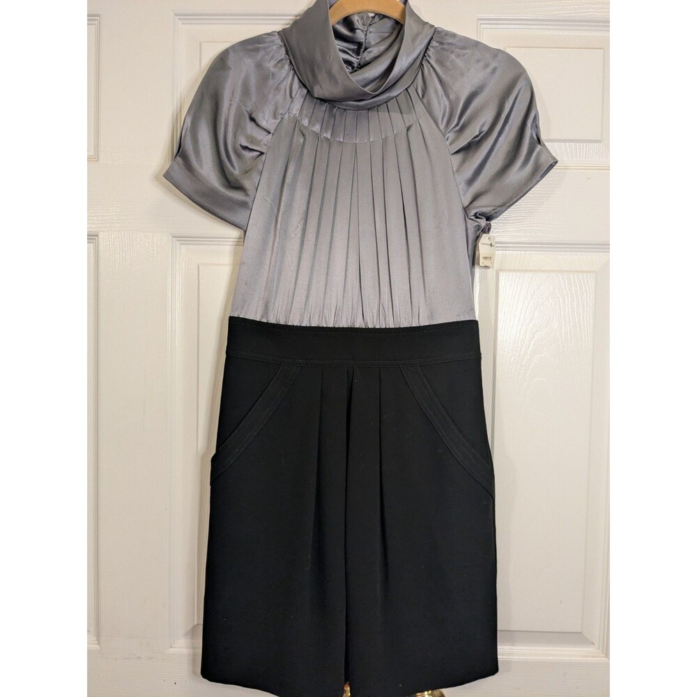 BCBG Max Azria Dress Womens 6 Gray Black Satin Pleated Mock Neck Career Party